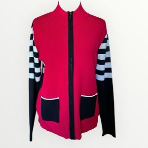 Vintage Blast Red Black White Colorblock Striped Zip Up Cardigan Women’s LP